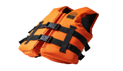 Bright orange buoyancy aid, showing straps, clasps, and padding, ideal for water sports