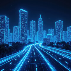 Fototapeta premium Futuristic city skyline with glowing skyscrapers and illuminated roadways, creating vibrant and dynamic atmosphere