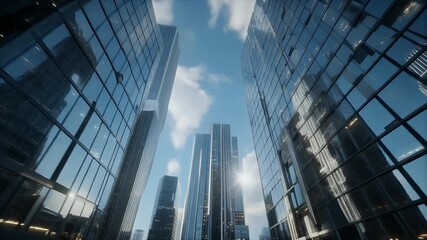 Dynamic cityscapes featuring modern glass skyscrapers reaching toward a bright blue sky, reflecting sunlight, perfect for corporate branding