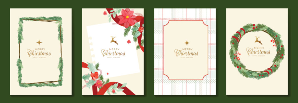 Christmas greeting card vector illustration with Happy New Year and Happy Holiday in cream and red vintage design featuring ribbons, ornaments, holly leaves and pine branches.