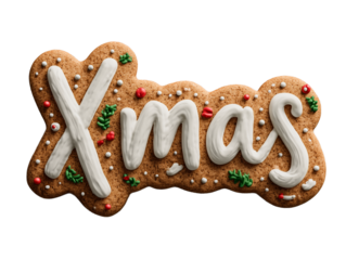 Gingerbread cookie shaped as Xmas text with icing and sprinkles