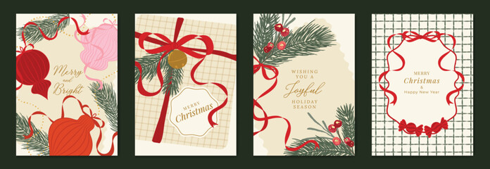 Obraz premium Christmas greeting card vector illustration with Happy New Year and Happy Holiday in cream and red vintage design featuring ribbons, ornaments, holly leaves and pine branches.