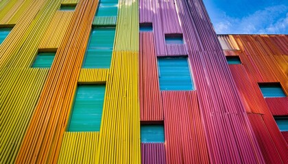 vibrant geometric facade with colorful vertical and diagonal panels