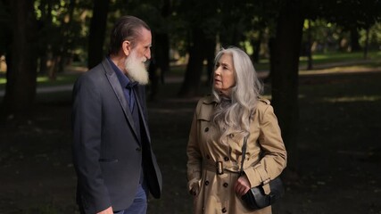 Beautiful pensioners walking in autumn park talking.