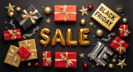 Festive arrangement of wrapped presents and metallic balloons advertises a major retail promotion on a dark background.