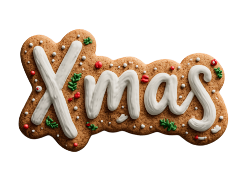 Gingerbread cookie shaped as Xmas text with icing and sprinkles