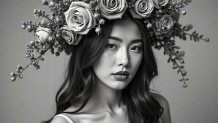 Striking portrait of woman adorned with floral crown featuring roses and delicate foliage, showcasing elegance and beauty in monochrome tones
