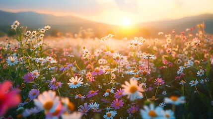 Vibrant wildflower meadow bathed in golden sunrise light with misty mountains