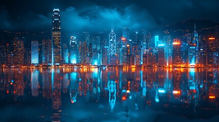 Modern city skyline at night with neon lights and water reflection