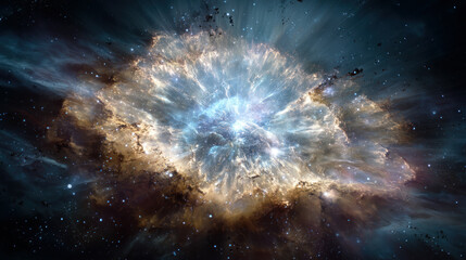 Space background with colorful nebula Galaxy Cloud. Bright galaxy shimmering neon blue purple colors with distant stars. Mysterious alien star system purple green planets orbiting a bright glowing sun