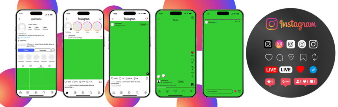 Instagram mockup. Social media mock up template. Set instagram app screens interface template on Iphone smartphone , new update 2025 instagram application, social network, Instagram post, story, reels