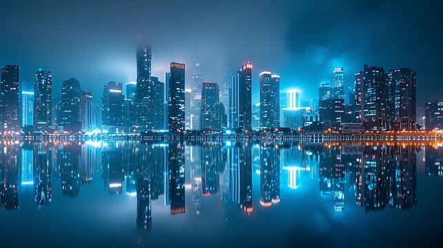 Modern city skyline reflected in water at night
