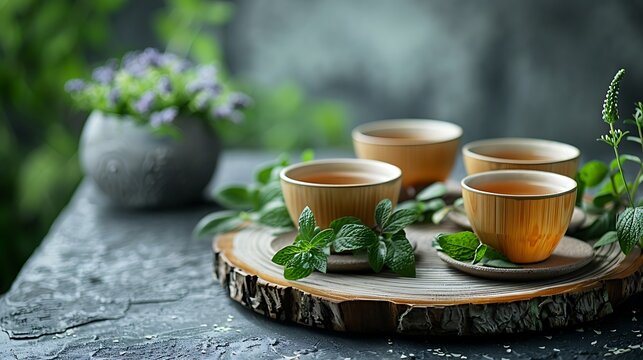 Four cups of herbal tea served with fresh mint leaves on a wooden log - Powered by Adobe