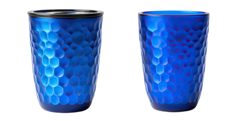 Two blue textured drinking vessels with a hammered appearance and dark trim against a black background