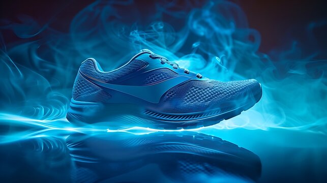 Futuristic blue athletic shoe surrounded by electric energy and smoke