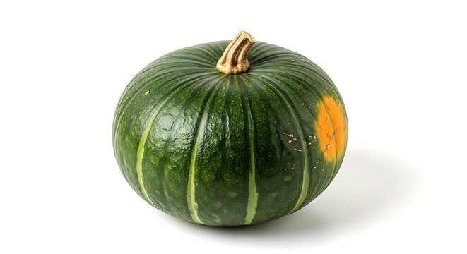 Single green kabocha squash with orange patch on white background