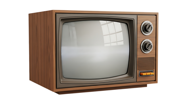 Vintage wooden television set with a curved screen and analog knobs isolated on transparent background