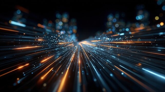 A dynamic, abstract digital image showcasing vibrant light streaks and particles, creating a sense of speed and motion in a futuristic environment.