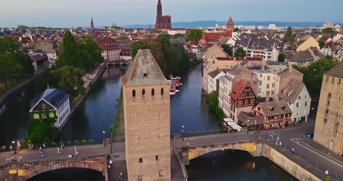 Aerial view of the cityscape of Strasbourg, Petite France. Barrage Vauban with bridge Ponts Couverts. Strasbourg, France
