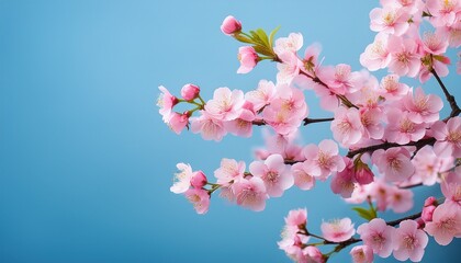 Branch Of Pink Cherry Blossom Flowers Against A Blue Background