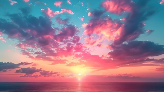 Vibrant sunset over the ocean with dramatic pink and blue clouds