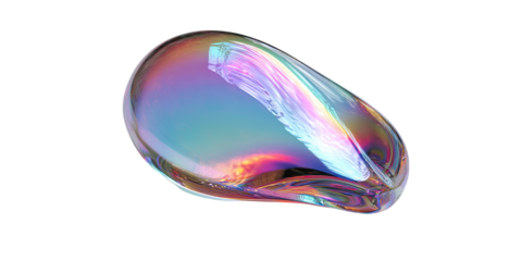 A close-up view of a spherical, translucent object with colorful, iridescent reflections