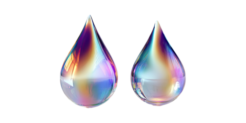 Two iridescent, glass-like teardrops with light reflections, set against a black background