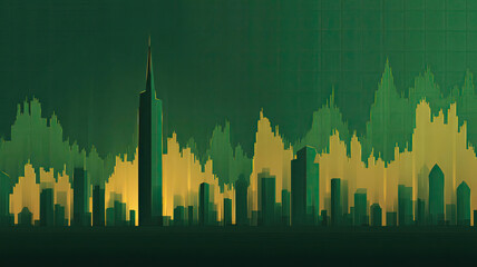 AI Generated - City skyline with a green background and a yellow and green color scheme. Commercial illustration artwork. Illustration. High-resolution. High-res. Premium quality. Premium. -