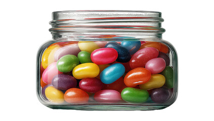 A clear glass jar filled with an assortment of colorful, smooth, jelly bean candies