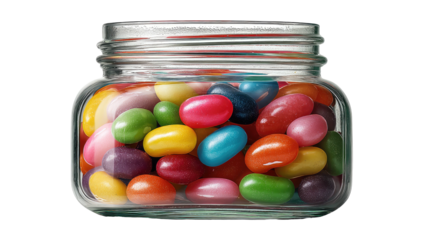A clear glass jar filled with an assortment of colorful, smooth, jelly bean candies