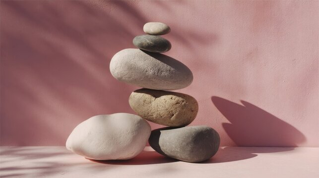 A balanced stack of polished smooth pebbles in various shades of white, light gray, dark grey,