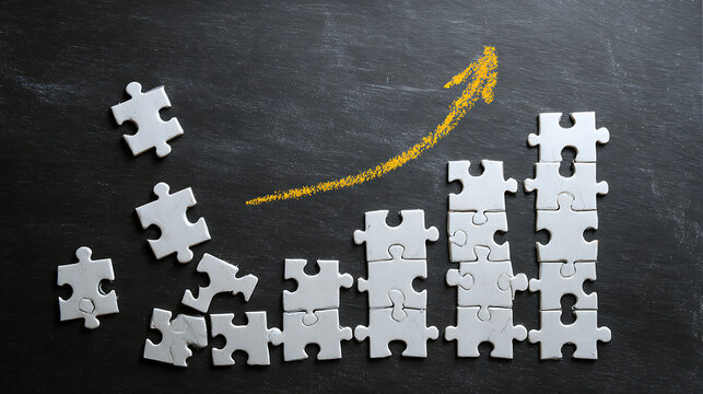 White puzzle pieces forming ascending bar graph with yellow arrow image