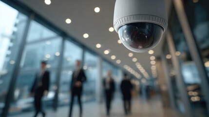 A security camera captures a busy office environment with professionals walking in the background, showcasing modern surveillance technology.