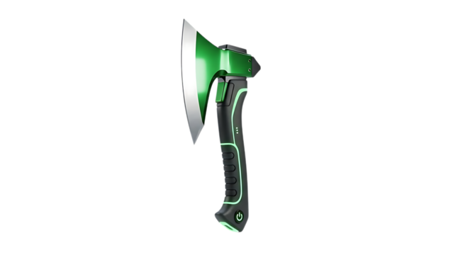 Glowing axe with green energy blade isolated on transparent background