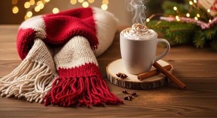 Knitted winter accessory rests beside a steaming hot beverage on a wooden surface