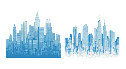 City skyline illustration in blue tones featuring a dense collection of skyscrapers and urban architecture creating a modern cityscape