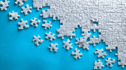 White Puzzle Pieces Scattered Across Bright Blue Surface interlocking