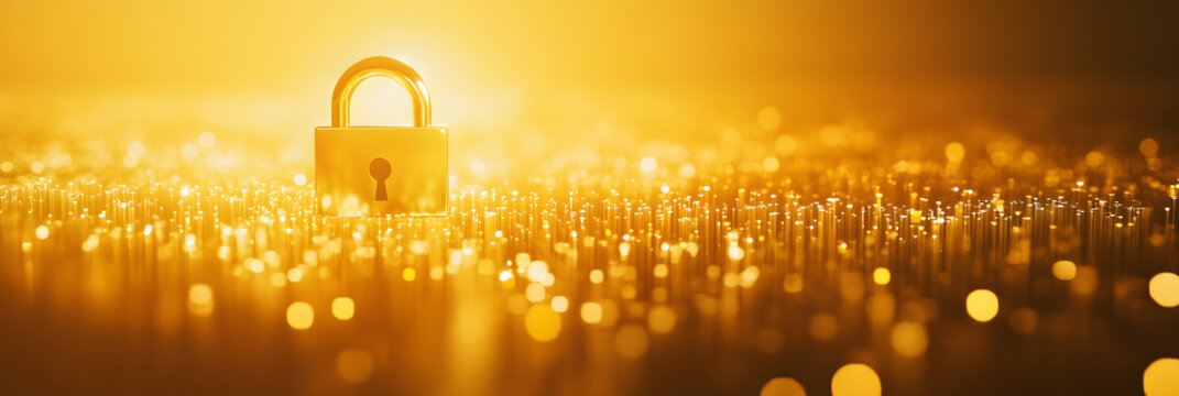 vast sea of shimmering digital data points - a radiant padlock stands as a beacon of cybersecurity and protection wide banner - yellow background - Powered by Adobe