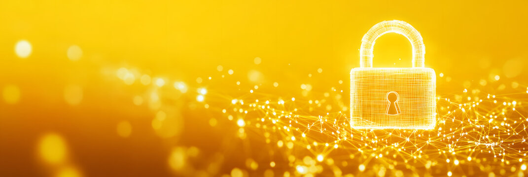 vast sea of shimmering digital data points - a radiant padlock stands as a beacon of cybersecurity and protection wide banner - yellow background