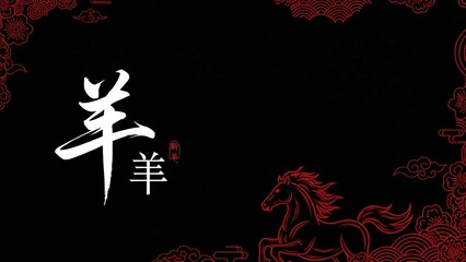 Chinese Zodiac Sheep Symbol with Horse Silhouette on Black Background