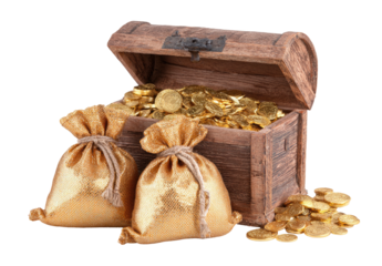 Wooden chest overflowing with golden coins, next to two bags of gold