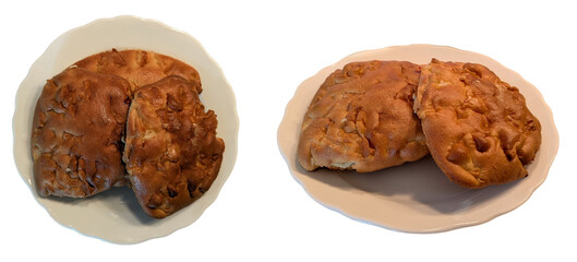 Bundle of german apple pastries on a white plate, side view and top view