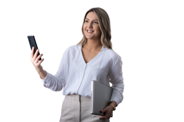 Businesswoman talking on phone holding laptop on transparent background
