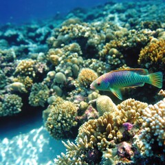 Fototapeta premium Colorful Fish Swimming Among Vibrant Coral Reef in Clear Water