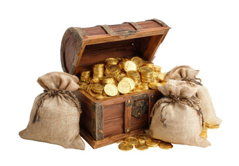 A wooden chest overflowing with golden coins, accompanied by two filled burlap sacks