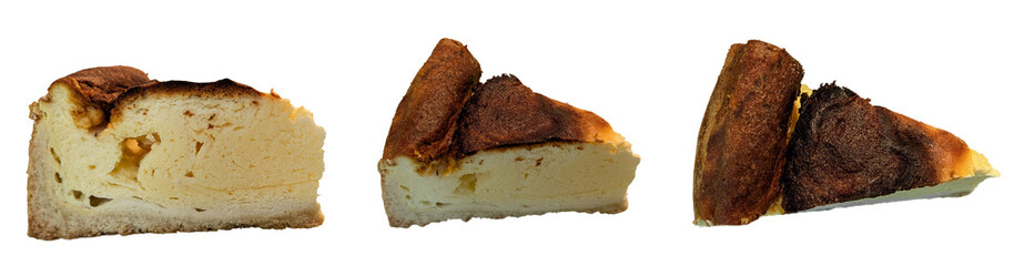 Collection of three cheesecake pieces from different positions, isolated on a white background