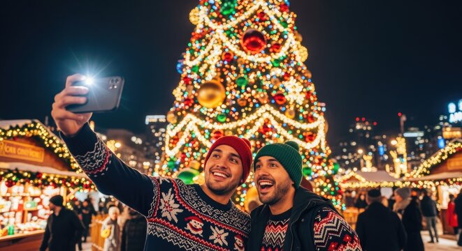 Two young men taking a selfie in front of a brightly lit Christmas tree at a festive market. They are wearing colorful sweaters and smiling happily.