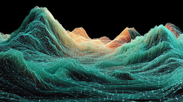 Abstract gradient particle waves seamlessly flowing with soft purple light and bokeh. Orange and blue digital waves. Technology, engineering, science, and artificial intelligence background