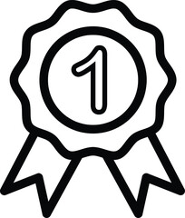 Black and white outline illustration of a first place award badge featuring a bold number one inside a ribbon-shaped emblem