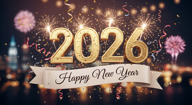 Happy New Year 2026 celebration with golden numbers and fireworks festive banner for holiday greetings against a blurred city background